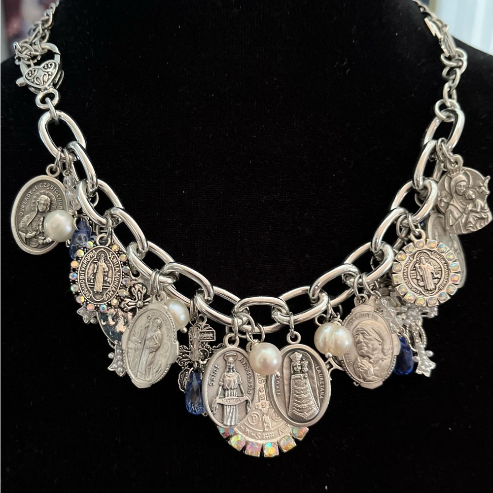 SOLD Charm Bracelet: St Benedict, Lenten Saints, Crosses, Freshwater Pearls - Picture 3 of 12